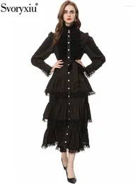 Повседневные платья Svoryxiu дизайнер мод осень осень черные элегантные длинные платья женские стойки с краеми