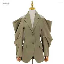 Kombinezony damskie solidne złożone plisowane damskie płaszcz krawędzi z długim rękawem zebrane talia wycięte blezer 2024 Modne odzież