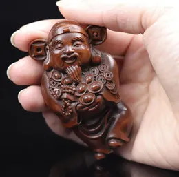 Figurine decorative 7x4x3 cm God of Wealth Figurina boxwood intagliata a mano intaglio fortunato NetSuke Buddha Pendant Zodiac Rat Home Decor - #W046