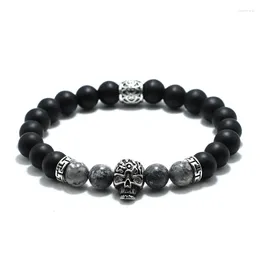 Strand Vintage Skull Bracelet For Men 8mm Black Onyx Stone Beaded Braslet Gothic Pirate Braclet Birthday Present Boyfriend Pulseras