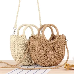 Summer Handmade Bags for Women Beach Weaving Ladies Straw Bag Wrapped Beach Bag Moon shaped Top Handle Handbags 240420