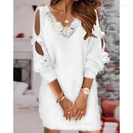 캐주얼 드레스 wepbel y2k 레이스 v- 넥 옥수수 벨벳 드레스 여자 흰색 긴 소매 어깨 퍼지 컷 아웃 속눈썹