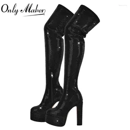 Boots Solo Piattaforma Women Platform Over the Knee Black Rhinestone Spessi tacchi alti con cerniera Punk in stile Roundtoe Party