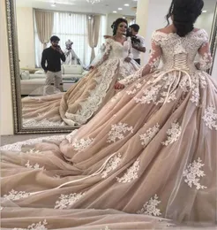 2018 Medieval Ball Gown Wedding Dress Lace Up Champagne Long Train Off The Shoulder Bridal Gowns With Sleeves Plus Size9501632