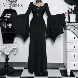 Vestidos casuais góticos góticos escuros Mangas de morcego de pescoço quadrado vestido de peixe de peixes de halloween estilo garotas emagrecedas para mulheres