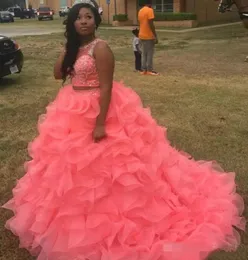 Watermelon Quinceanera Dresses 2019 Modest Masquerade Two Pieces Ball Gown Prom Dress Sweet 16 Girls Lace Up Back Ruffles Full Len4728898