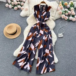 Women Summer Fashion Print Oversuits V-Ausschnitt ärmellose Strampler-Bundesbund-Euro-Damen Lose Beinhosen Overalls 240429