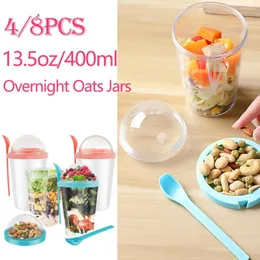 Garrafas de armazenamento 4/8pcs 400ml de aveia durante a noite Jars com vazamento de café da manhã recipiente de alimentos com colher reutilizável para salada de cereal de leite