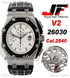 JF V2 Juan Pablo Montoya 26030 Kohlefaserletz Stahl CAL2840 A2840 Automatische Chronographen Herren Watch White Textur Dial Leder2480944