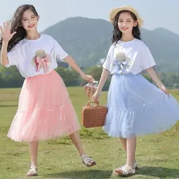 Kids Girls Dress Fashion Princess Summer Birthday Casual T-shirt Tutu Dresses 2PCS Children Clothes Vestido Teen 6 8 10 12 Yea 240430