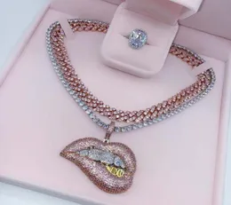 2021 Hiphop lodowe Bling Clear Pink Pink 5A Cubic Zirkonia Big Drip Lip Wisiant Naszyjnik dla kobiet mody biżuterii Whole5976583