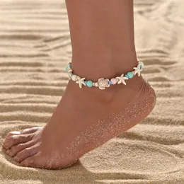 Anklets Viento Marino Perlas de color caramelo tejidas tortuga marina estrella mar playa cera tobillera