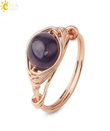 CSJA Round Bead Natural Stones Ring Rose Gold Color Wire Wrap Handgjorda kreativa fingerringar för kvinnlig modeläkning Crystal JE9221850
