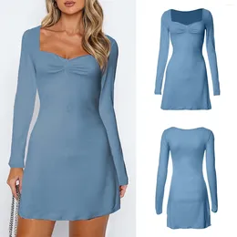 Casual Dresses For Women 2024 Women'S Solid Square Long Sleeve Pleated Side Slit Dress Vestidos Verano Moda