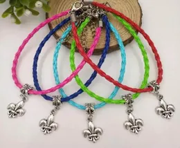 20 PCS lote antigo prata fleur de lis dangle pingente de contas misto colorido couro trançado corda pulseiras jóias femininas A11869022995