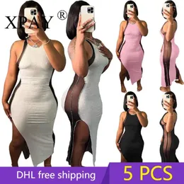 Vestidos casuais 5pcs itens de atacado em massa de malha de retalhos sexy para mulheres pit strip 2024 Summer Hollow Out Long Dress Party X11575