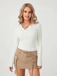 Kvinnors T -skjortor Kvinnor Y2K Stick Ribbed Henley Basic Half Button Crop Topps Casual Long Sleeve Slim Fit Blues Streetwear