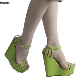 Sandalen Rontic handgefertigte Frauen Plattform Knöchelgurt Keile Absätze rund Zeh wunderschöne Grüne Party Schuhe Damen US Plus Size 4-20