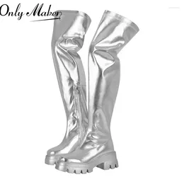 Boots Onlymaker Women Silver Over The Knee Stretch Fashion Side Zipper Female Winter