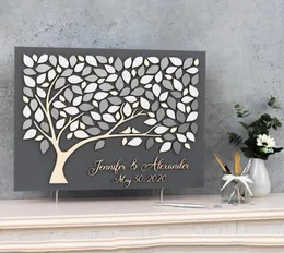 Personlig 3D Silver Wedding Guestbook Alternativ Tree Wood Sign Anpassad gästbok för Rustic Decor Gift Bridal Annan händelse P2300260