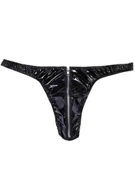Underbyxor S-5xl Shiny Artificial Pu Leather Bikini Tyg Mens Sexiga underkläder Våt utseende PVC THONG TANGAS SLIP HOMBRE dragkedja Bärade Homme Jockstrap Q240430