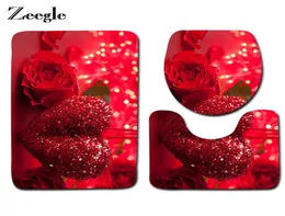 Zeegle 3pcs Rose Printed Bath Mats Toilet Set Rugs Nonslip Bathroom Carpet Set Toilet Mats Lid Cover Shower Room Floor Mats9641384