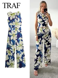 Traf 2024 Summer Womens Fashion Blue Flower O-Neck Sleeveless Hollow Womens Womens Bohémien Gambia larga tuta sciolta 240430