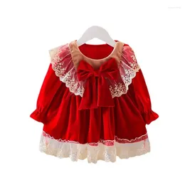 Mädchenkleider 0-3 Jahre Baby Prinzessin Lolita Puffy Velvet Kleid Frühling Herbst Langarm rote Kinder Kleinkind Prinzessinbogen Spitze Vestidos