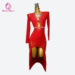 Stage Wear Red Latin Dance Dress Women Women Competition Fringed Skirt Girl Line Clothing