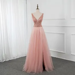 Party Dresses Sexy Pink Slit Long Prom Deep V Neck Tulle Beading Aline Formal Gown Backless Dress In Stock