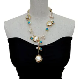 Yygem Blue Murano Glass Freshwater Odlat White Keshi Pearl Gold Filled Chain Necklace 21 240428