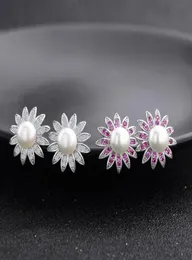 Wholef Moda Popüler Lüks Klasik Tasarımcı Diamond Sun Flower Pearl S925 STERLING Gümüş Saplama Küpe