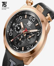 Резиновый ремешок T5 Luxury Gold Black Male Quartz Chronograph Подарок водонепроницаемые спортивные мужчины Chea Watch Mens Watch Man Shistatch Clock308615709