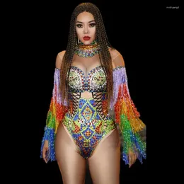 Stage Wear Fashion Women Multicolor Tassel Rhinestone Bodysuit Sexy Nightclub Party Celebration Singer Costume Stretch Dancer Leotard