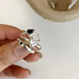 Кластерные кольца 925 Стерлинговое серебро Уникальное черное сердце для женщин -ювелирные украшения для женщин Регулируемая открытое винтажное свадебное обручальное обручальное кольцо