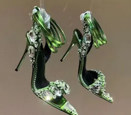 Metallisk kristall utsmyckad ankel-slips sandaler klackade stilett klackar för kvinnor fest kvällskor öppen tå kalv spegel läder lyxdesigners 88