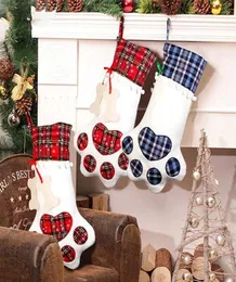 Paw Christmas meias de presente de bolsa de cão pata de osso da forma de xadrez pendurado estoques de barras de decoração de pingente de natal Candybag wll10198672632