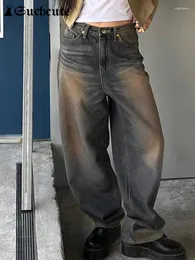 Женские джинсы таковые винтажные цветы американский ретро середина талии прямой джинсовый брюки уличная одежда Harajuku Женщины широкие брюки ноги осень