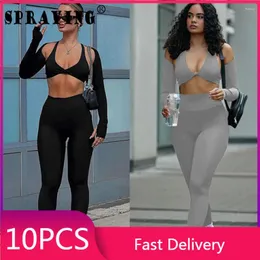 Women's Two Piece Pants 10sets Tracksuits Spring 2024 Vest Long Sleeve Crop Top Legging Bulk Items Wholesale Lots 3 Sets Womens Outfits