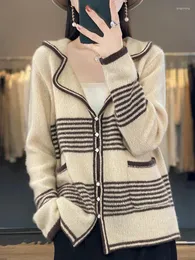 Женские трикотажные вязание Addonee осень/зимние кардиган Cardigan шерстяное цветовое блок с длинными рукавами вязаный свитер корейский стиль