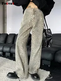 Dżinsy męskie Fotvotee Leopard Print dla mężczyzn Y2K wysoki talia dżinsowe spodnie damskie streetwear szerokie nogi jean amerykańskie workie