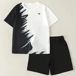 Clothing Sets Boys Simple Fashion Black And White Matching Bird Print Round Neck T-shirt With All Practical Pocket Shorts Set