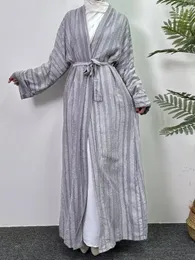 エスニック服の女性オープンフロントアバヤイスラム教徒カフタンマキシレングスレースアップラマダンドレス長袖ジルバブアウトウェアカーディガンコート