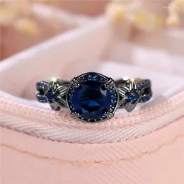 Anéis de casamento Luxuros feminino azul zircão de pedra anel de noivado de flor preto cor de ouro de verão para mulheres