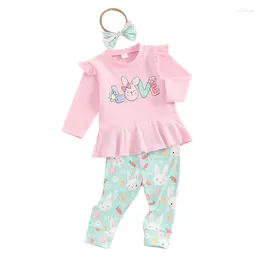 Kleidungssets Osterkind Baby Girl Wäschebriefbretter Langarm gekräuseltes T-Shirt Muster Hosen Stirnband-Outfit