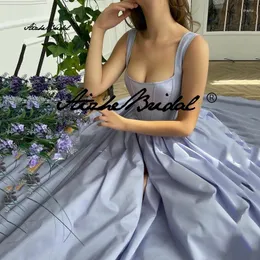 Party Dresses Purple A-Line Long Satin Prom Dress With Pockets Sexy Square Neck Lace-Up Corset Evening Gowns Saudi Arabia