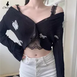 여자 니트 chaxiaoa 나비 니트 카디건 여성 한국 섹시 v- 넥 귀여운 농작물 탑 여름 얇은 긴 슬리브 선 스크린 자켓