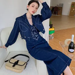 Work Dresses Autumn Denim Jacket And Sexy Slip Dress Two Piece Set Women Fashion Elegant Slim Casual Short Coat Skinny 9800