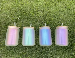 Sublimazione 16oz Sublimation Iridescent Bumbler Rainbow Shimmer Glass può bere colorato con coperchio di bambù e paglia riutilizzabile B17190743
