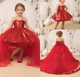 2019 Sparkle equins Red Princess Ball Girl Girls Pageant Dresses Tulle Tulle Termiques Bow Train Train Low Low Kids Partyda4820714